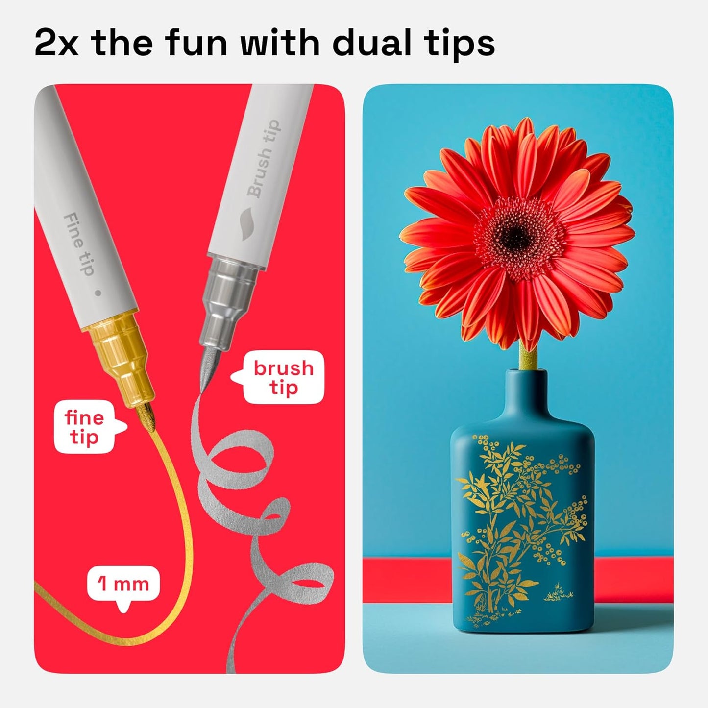 ARTISTRO 2 Gold&Silver Dual-Tip Acrylic Paint Pens - Multisurface Metallic Markers for Glass, Rock, Fabric, Wood, Plastic & More - 1 mm Fine & Brush Tips