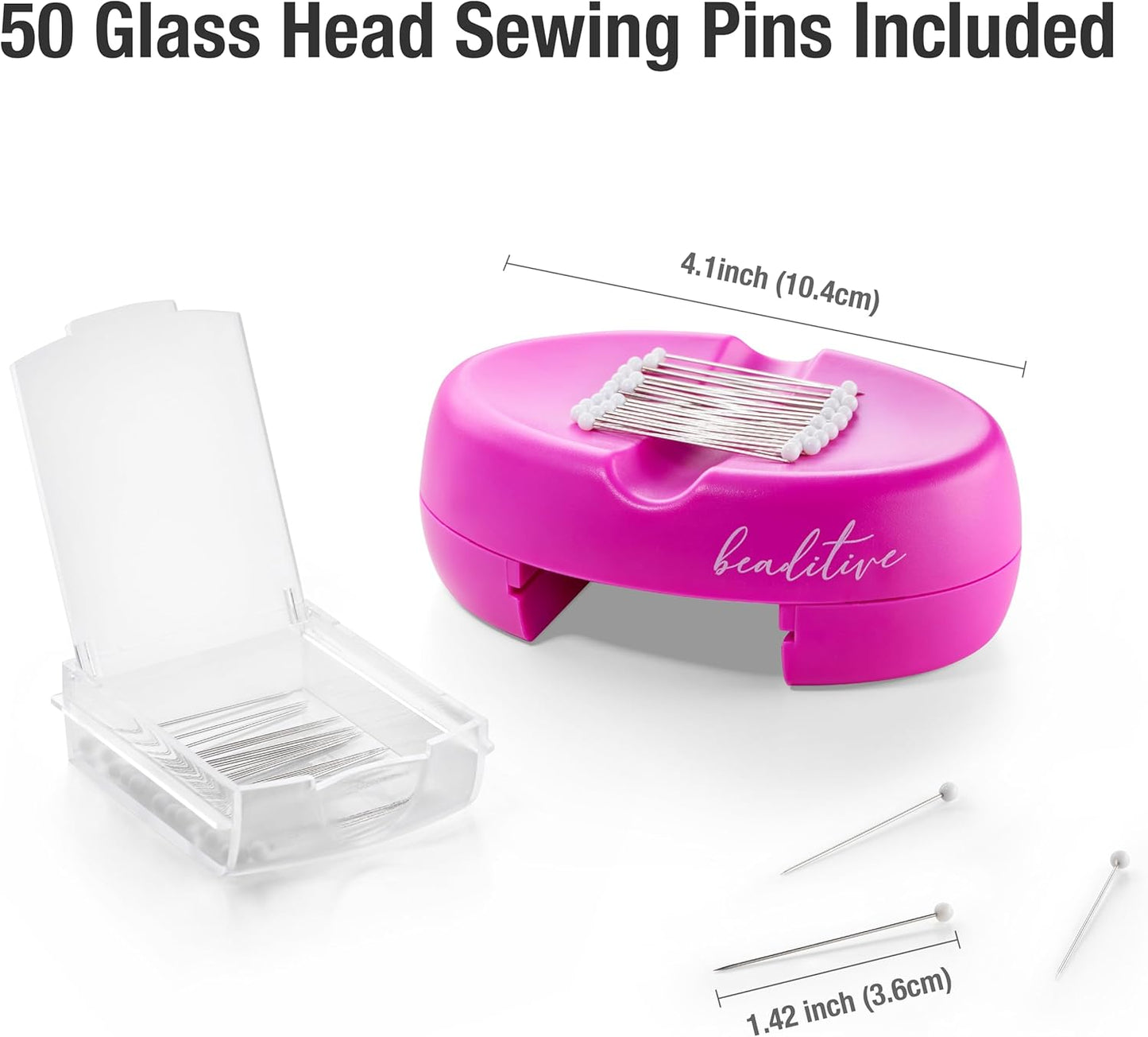 Beaditive Magnetic Pin Cushion with Drawer - Strong Magnet Pin Holder Cushions for Sewing - 50 Glass Head Quilting Pins Included - Chic Pincushion Caddy for Sewing Pins, Paper Clips, Screws – Fuchsia