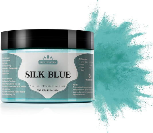 Mica Powder - 100g Mica Powder for Epoxy Resin - Metallic Color Pigment for Resin, Soap, Bath Bombs, Eye Shadow, Nails, DIY Crafting Projects etc. (Silk Blue)