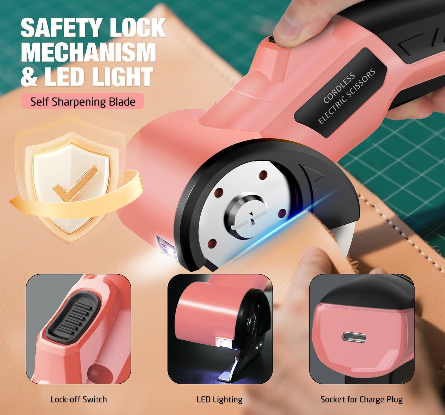 Cordless Electric Scissors: 4V Rechargeable Cardboard Cutter, 3 Blades, Safety Lock & LED Light, Box Cutter for Carton Carpet Plastic Fabric Leather (Pink)