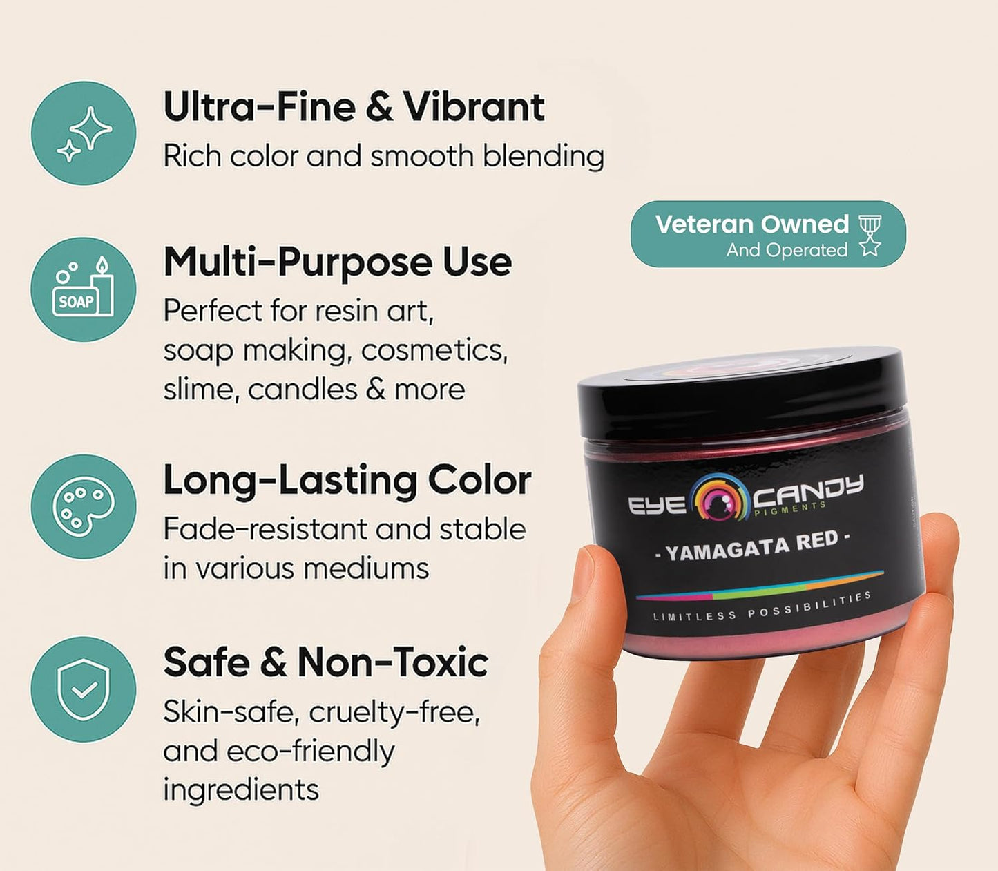 Eye Candy Pigments Premium True Red Mica Powder - Yamagata Red (50gr) - for Epoxy, Resin, Soap, Paint, Woodworking, Acrylic Pouring, Bath Bombs, Fishing Lures - DIY Arts and Crafts Additive