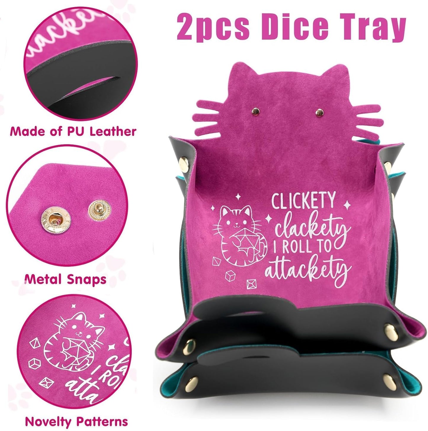 2Pcs Cat Dice Rolling Tray Novelty Folding Leather Dice Holder Portable Storage Accessories Decorative Desk Organizer Funny Gift for DND Game Players