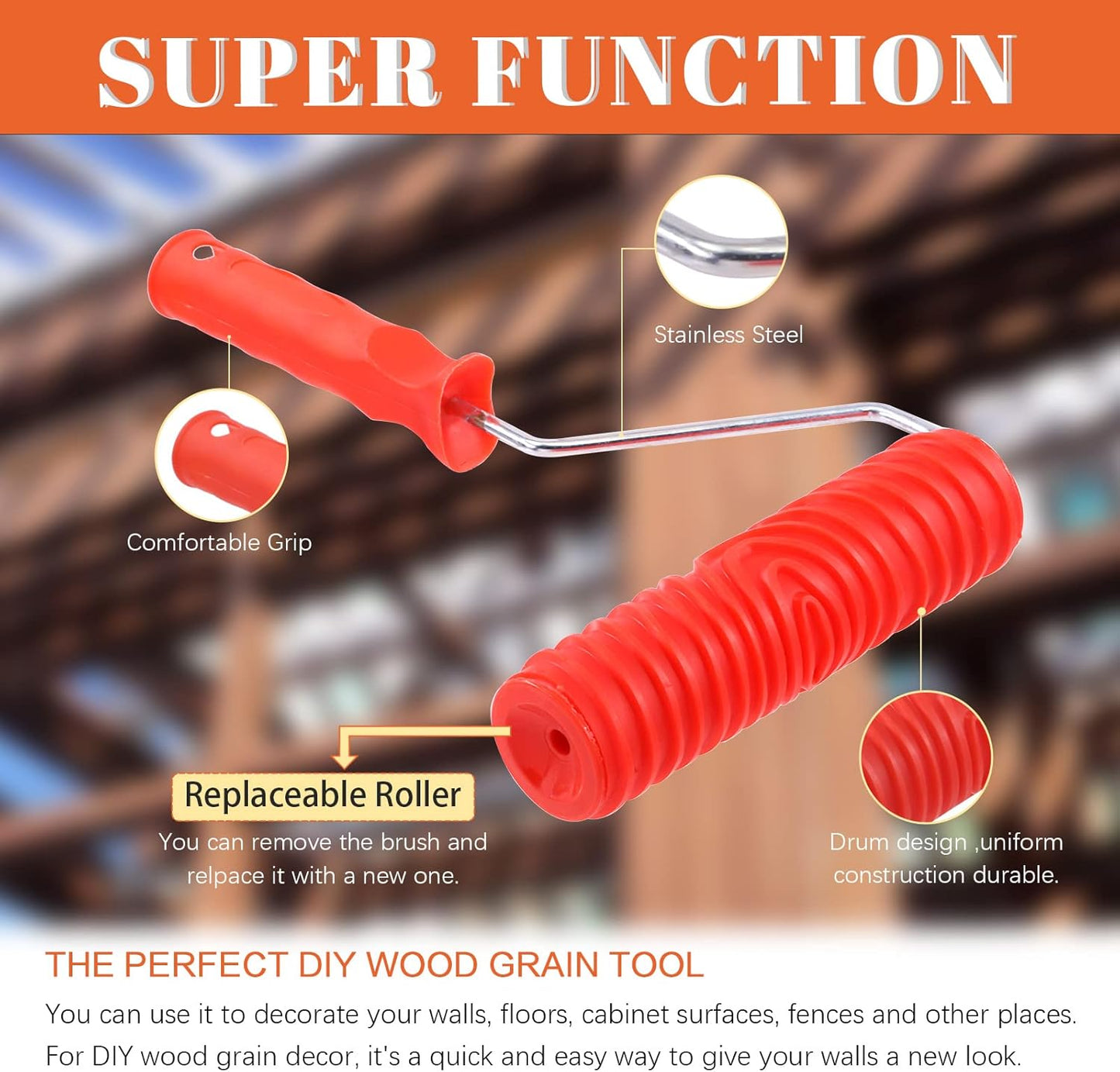 Tanstic 4Pcs Wood Graining Painting Tool Set, Red Blue Rubber Wood Grain Tool and Rubber Empaistic Wood Texture Pattern Roller with Handle for Wall Floor Furniture DIY Room Decoration