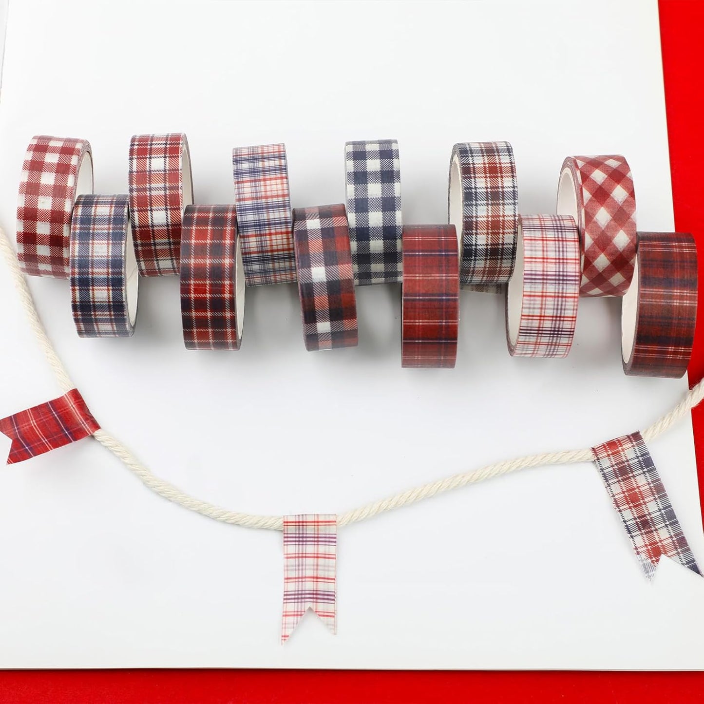 12 Rolls Basic Grid Washi Tape Set, Red Blue White Plaids Decorative Paper Stickers for Thanksgiving Christmas Independence Day Scrapbook Journaling DIY Art Crafts Gift Wrapping 16.4FT