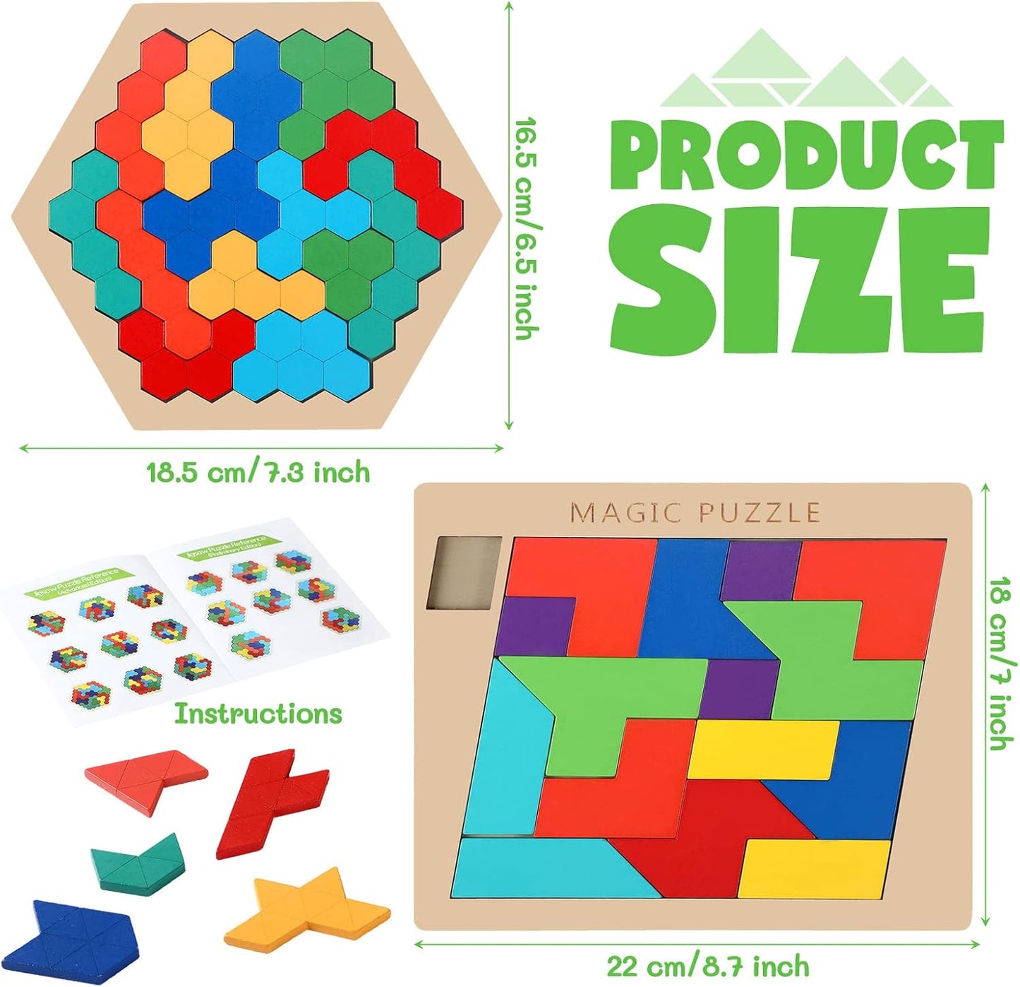 Yunsailing 3 Pack Hexagon Wooden Puzzle Wood Russian Blocks Tangram Puzzle Brain Teaser Puzzles Geometric Jigsaw Block Russian Blocks Logic IQ STEM Toy for All Ages Kid Adult (Fancy)