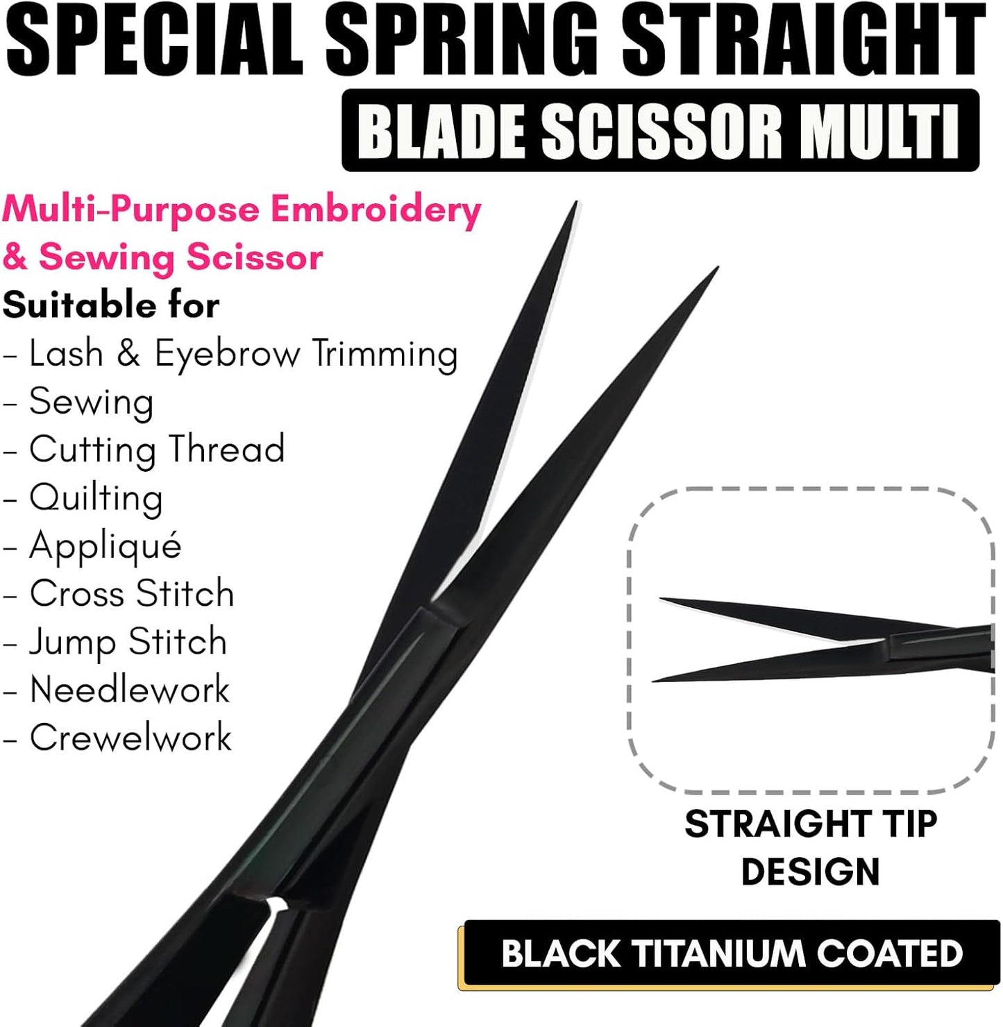 Cross Edge Spring Scissors 5 Inch straight Stainless Steel Precision Eyebrow & Eyelash Shaping & Trimming Scissor, Snips Squeeze, Embroidery, Knitting Micro Tip Craft Scissors (Black)