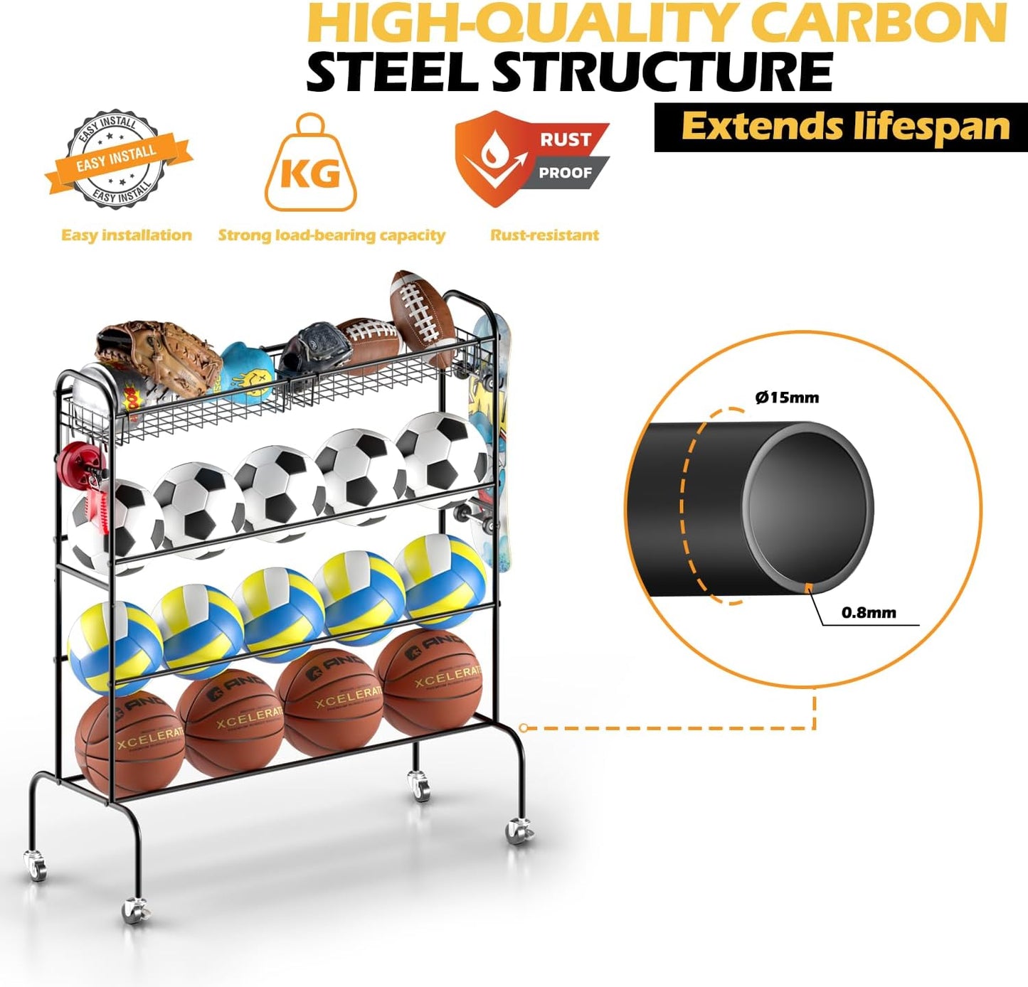 Ball Storage - 22.83" Basketball Cart With Wheels Garage Volleyball Storage Sport Equipment Holder Organizer For Indoor Outdoor,Metal Storage Rack For Playgroup,Gym And School