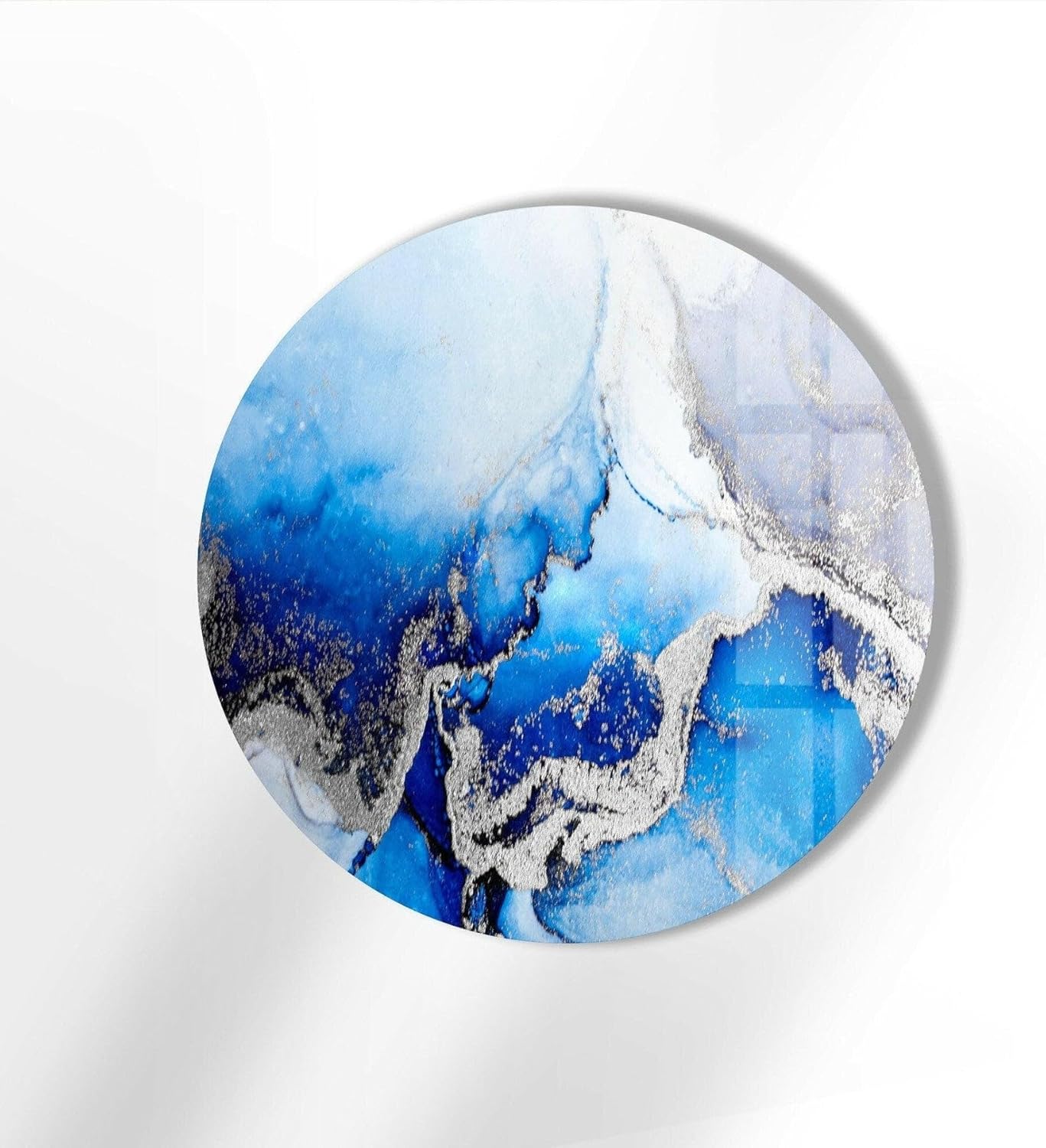My Photostation.com 27.5''(70cm) Diameter Blue Marble Round with Silver Details Glass Wall Art Tempered Glass Printing Wall Decor Large Wall Art Wall Hangings