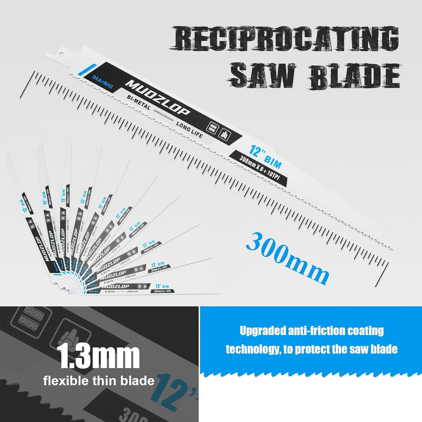10 Pack 12 inch Reciprocating Saw Blades Set,8+10 TPI High Carbon Saw Blades, Metal Saw Blades with Organizer Case (10, 8+10TPI/300mm)