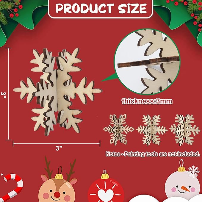 COCHIE DIY 3D Snowflake Wood Crafts to Paint for Kids Adults, Paintable Unfinished Wooden Slices for Craft, Winter Snowflakes Cutouts Ornaments for Painting Decorations (24 PCS)