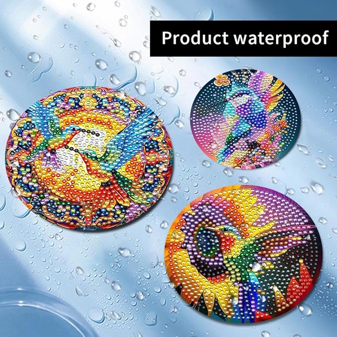 8 Pcs DIY Hummingbird Flowers Coasters with Holder - Diamond Art Painting Kits for Adults & Kids - Gift