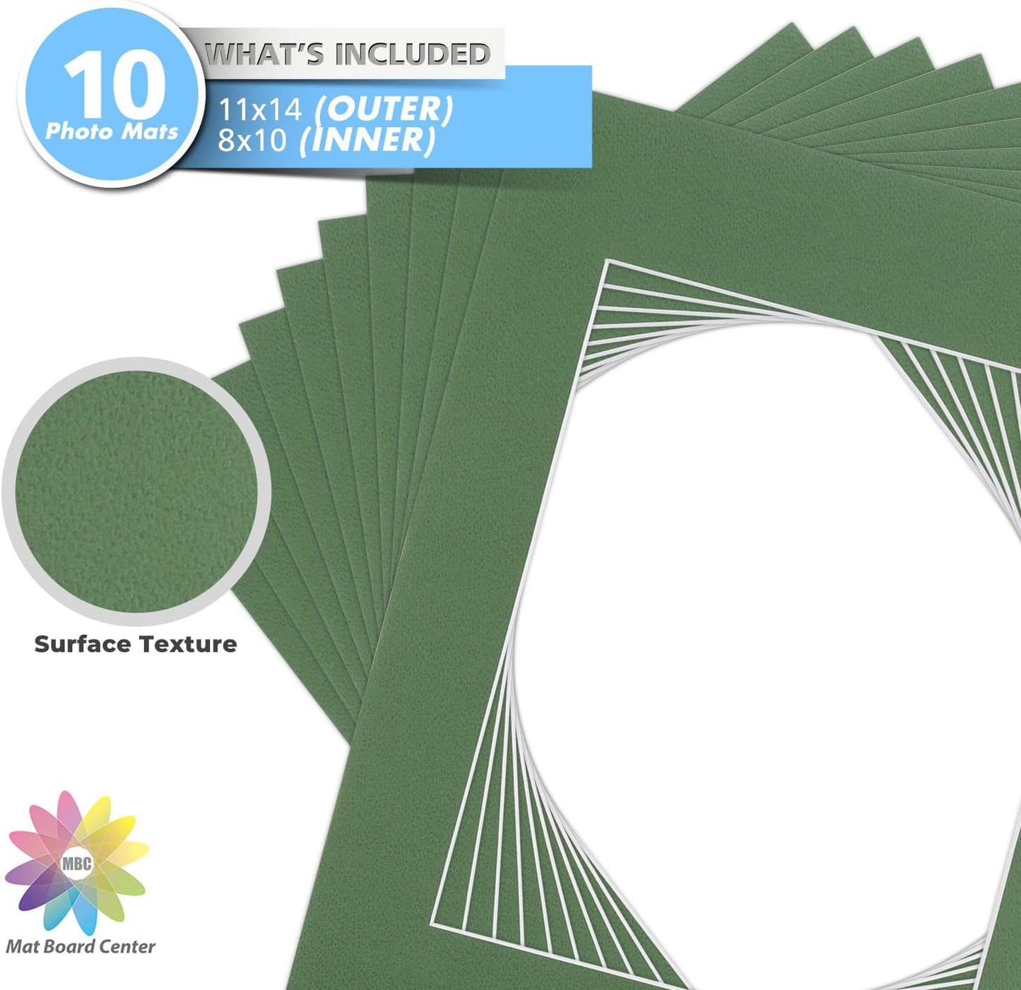 Mat Board Center, Pack of 10, 11x14 for 8x10 Basque Green Color Mats - Bevel Cut, Acid Free, 4-ply Thickness, White Core - for Pictures, Photos, Framing