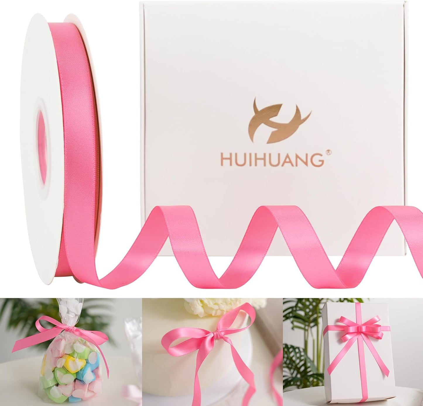 HUIHUANG Hot Pink Satin Ribbon 1/2 inch X 50 Yards Continuous, Double-Faced Satin Pink Ribbon for Gift Wrapping, Bows, DIY Crafts, Flower Bouquet, Bridal Shower Wedding Decor