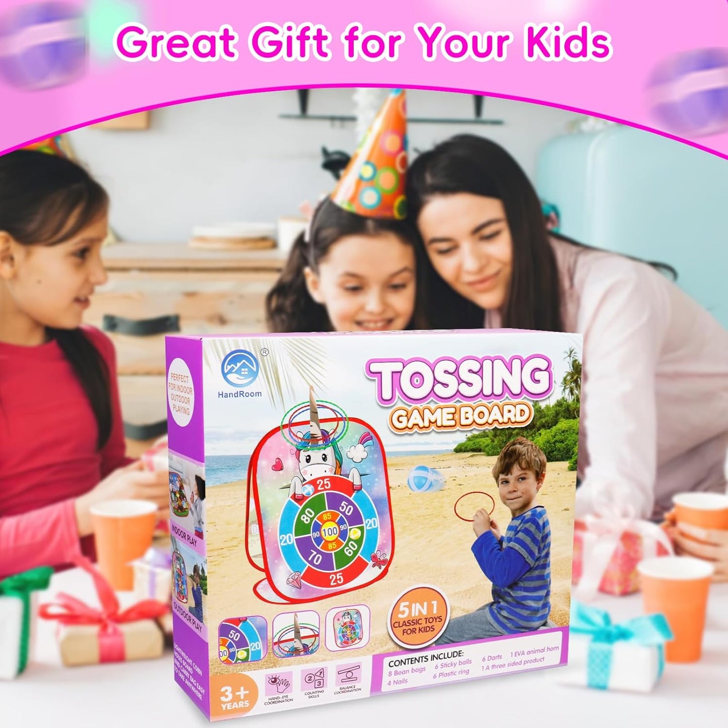 Bean Bag Toss Game for Kids - 5IN1 Kid Cornhole Toys Set, Over 3 Years Toddlers Children Backyard Beach Lawn Outdoor Indoor Throwing Toy to Boys Girls Birthday Family Party Christmas Easter Gift