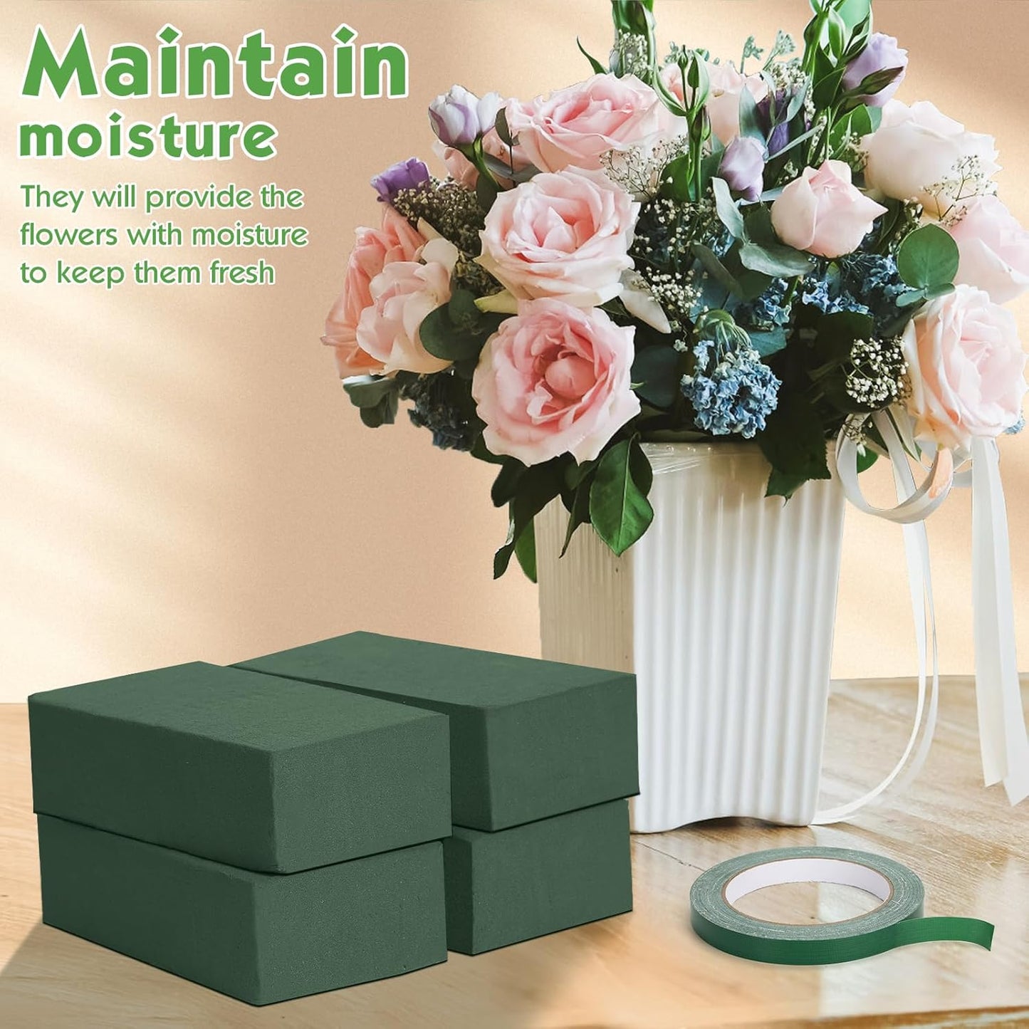 MAPVOLUT Premium Floral Foam Blocks (4 Pack 5.5"x3.1"x1.7") & Waterproof Floral Tape (65ft) - Fast Soak Oasis Foam for Fresh & Fake Flowers, DIY Wedding Centerpieces, Bouquets, Home Decor Crafts
