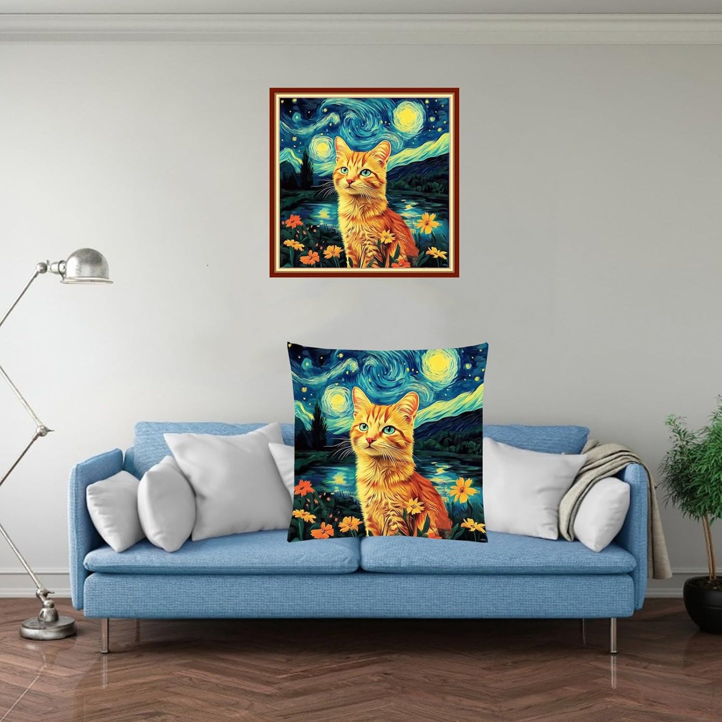 Fanxvivy Stamped Cross Stitch Kits for Adults Beginners Pillow Needlepoint Kit with Embroidery Pattern Needlework Kit Prestamped Stitches Kit 11CT Cross Stitching-Van Gogh Starry Cat 18x18 inch