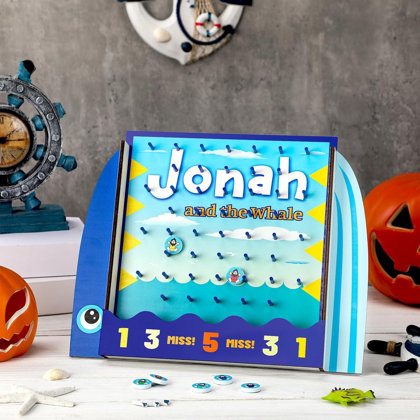 8 Pcs Jonah and The Whale Halloween Disk Drop Game Wood Tabletop Religious Disc Drop Game Halloween Party Favors for Family Table Activities Birthday Party Supplies 13 x 10.2 Inches