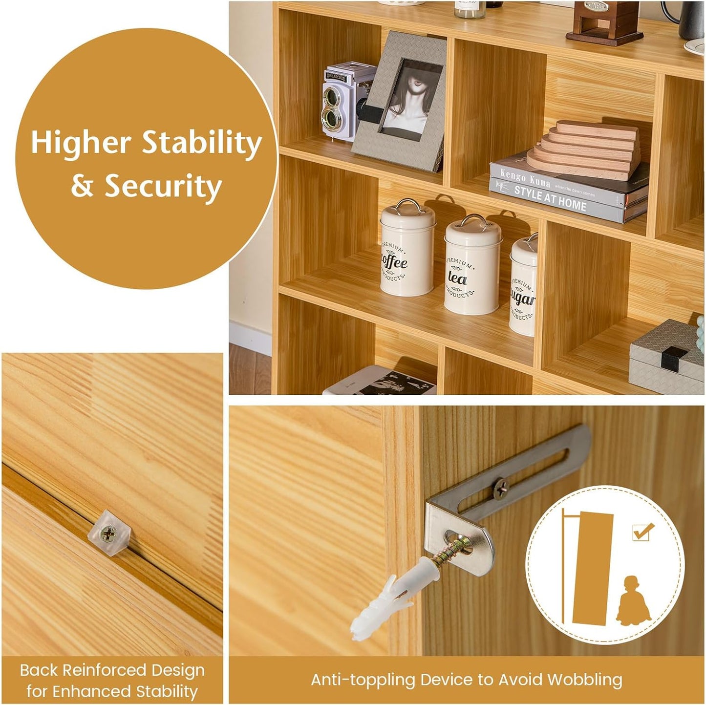 Giantex 8 Cube Bookcase, Freestanding 3-Tier Open Bookshelf, Modern Storage Display Cabinet, Wood Cube Storage Organizer for Living Room, Kid’s Room, Burlywood