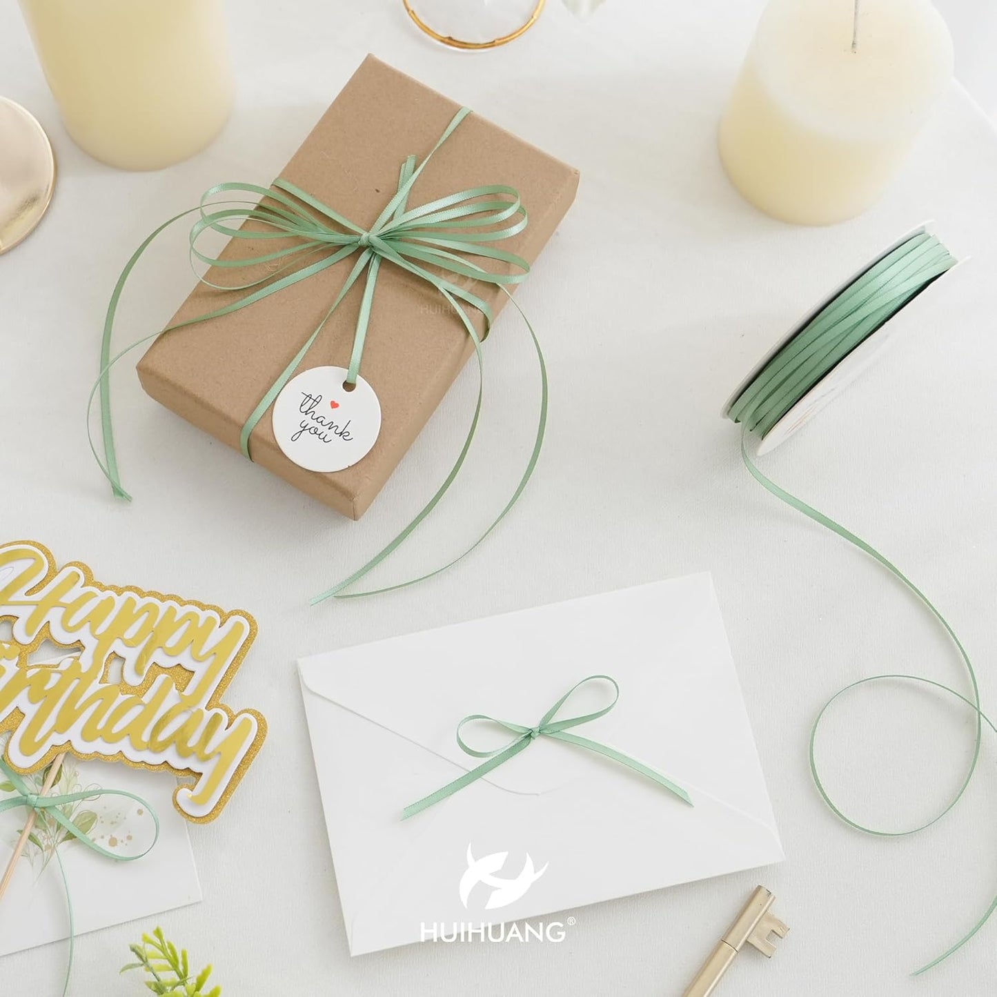 HUIHUANG Sage Green Ribbon 1/8 inch X100 Yards Roll Thin Satin Ribbon Double Face Craft Ribbon for Gift Wrapping DIY Bows Decoration Sewing and Invitation Card Hanging Tags