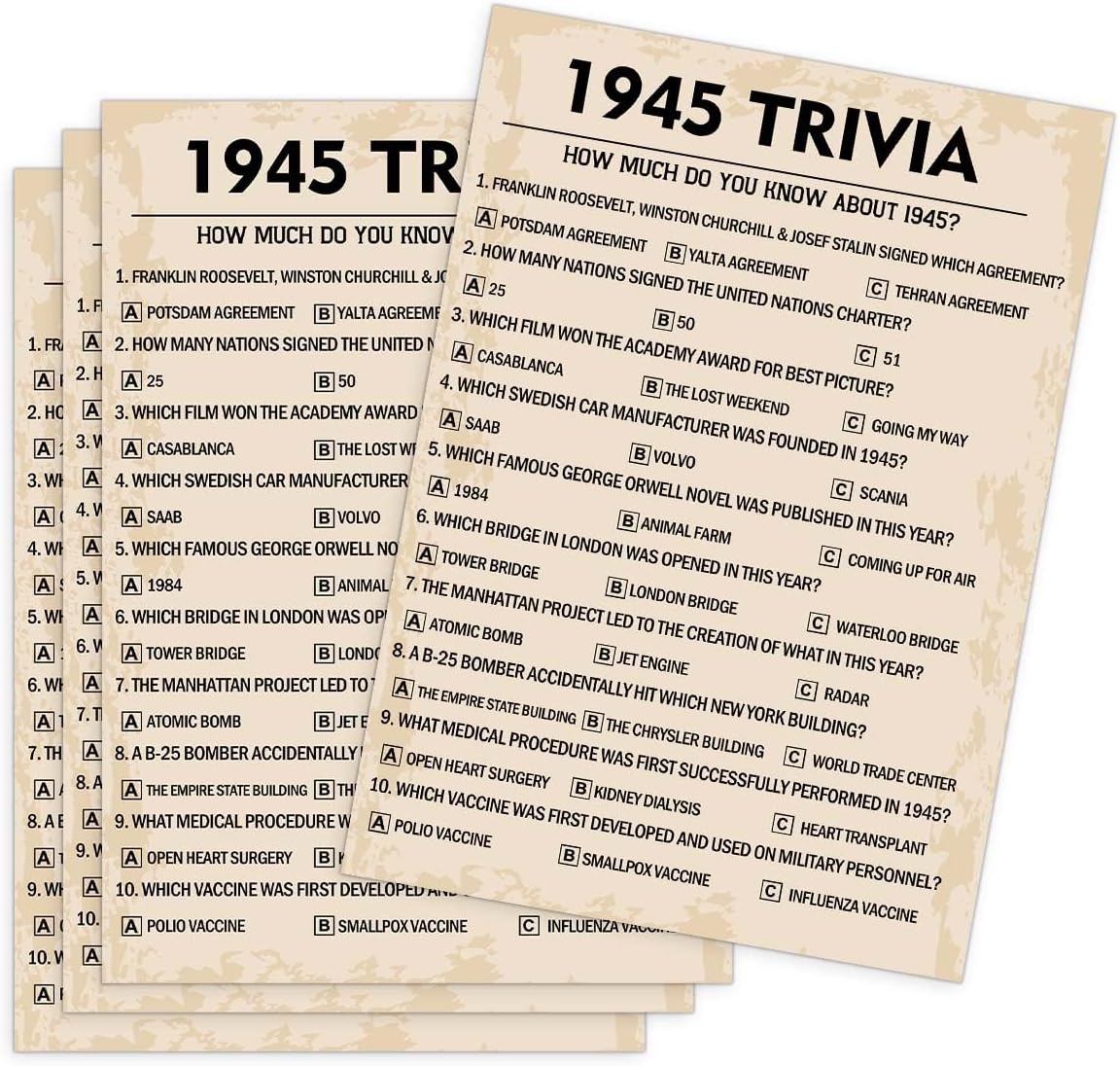 80th Birthday Party Games, 1945 Trivia Games, Birthday Party Supplies for Adults, Fun 1945s Party Game，Pack of 30 Cards