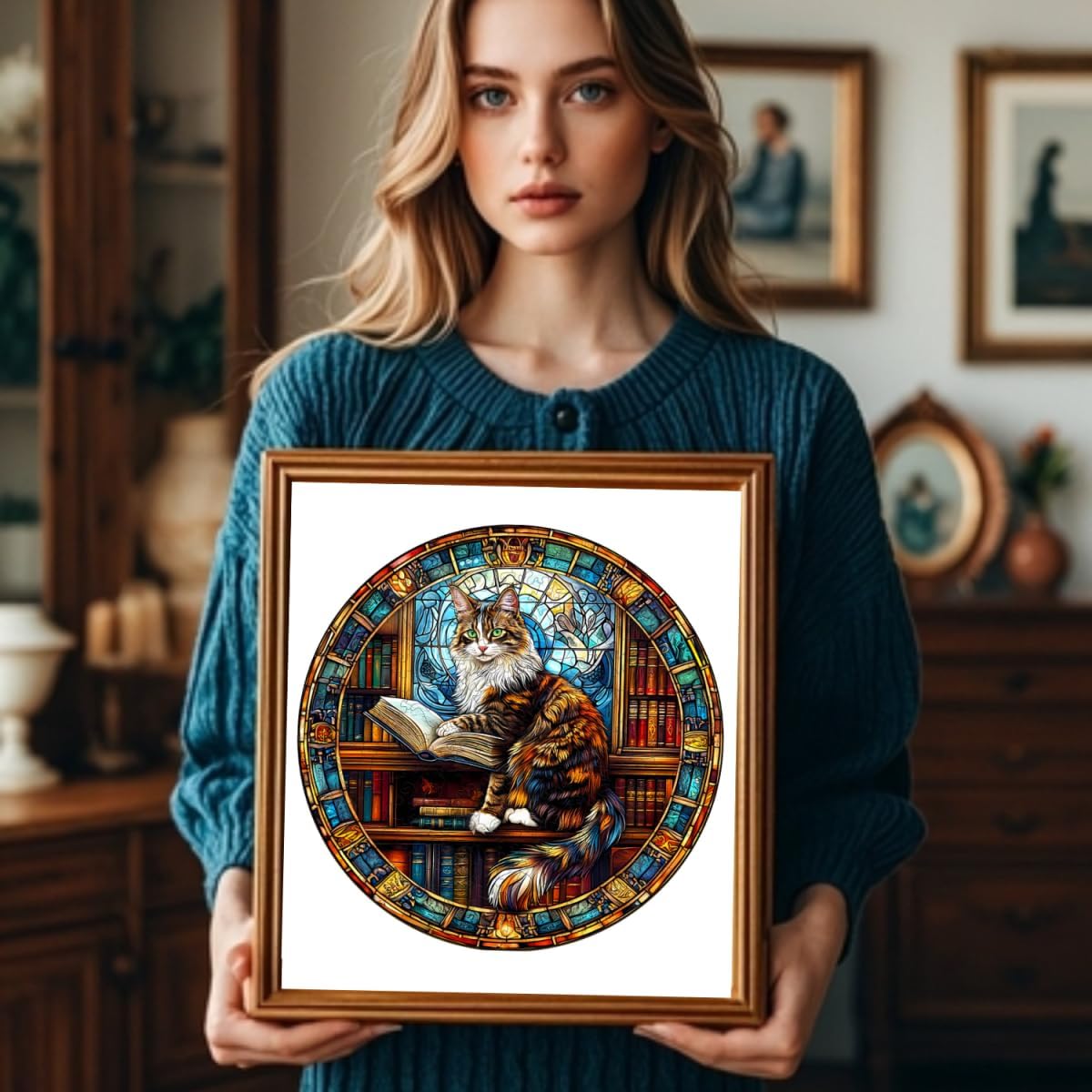 Wooden Puzzles Adults, Maine Cat Library Wooden Puzzles 200 Pieces, Unique Animal Shaped Wood Challenging Jigsaw Puzzles Gifts for Adults, 11.4x11.4in