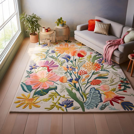 Handmade Wool Floral Area Rug for Living Room | Elegant Flower Garden Design, Soft, Thick and Durable | Bedroom, Dining Room & Home Decor Carpet (10' x 12', Floral B)