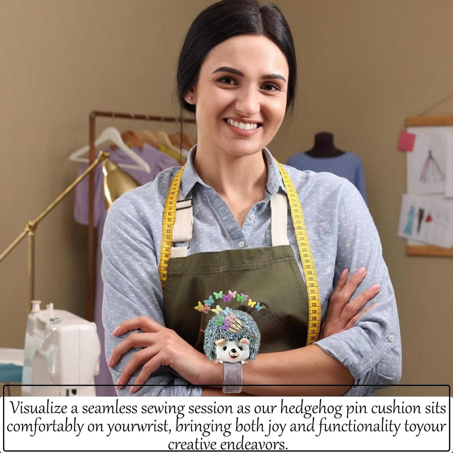 Cute Hedgehog Wrist Pin Cushion for Sewing with Magnetic, Snap Bracelet Wrist Bands for Pins and Needles Include 50 Lovely Butterfly Straight Pins.