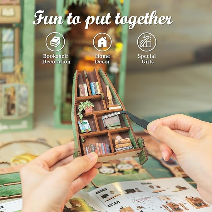 Fsolis Book Nook Kits, DIY Miniature House Kit 3D Wooden Puzzles for Adults Bookshelf Decor Decorative Bookend Gifts for Women Teenagers Book Lovers（Panda Bookshop）