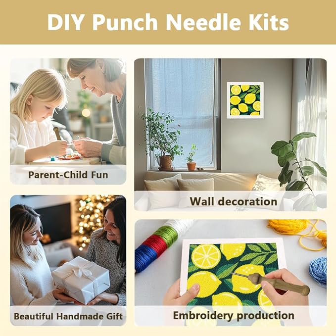 Doodlream Lemon DIY Punch Needle Embroidery Kit for Adult Beginner, 9.4" Lemon Punch Stitching Craft Set for Starter with Frame, Fabric Pattern, Threader, Yarn, Pinch Needle