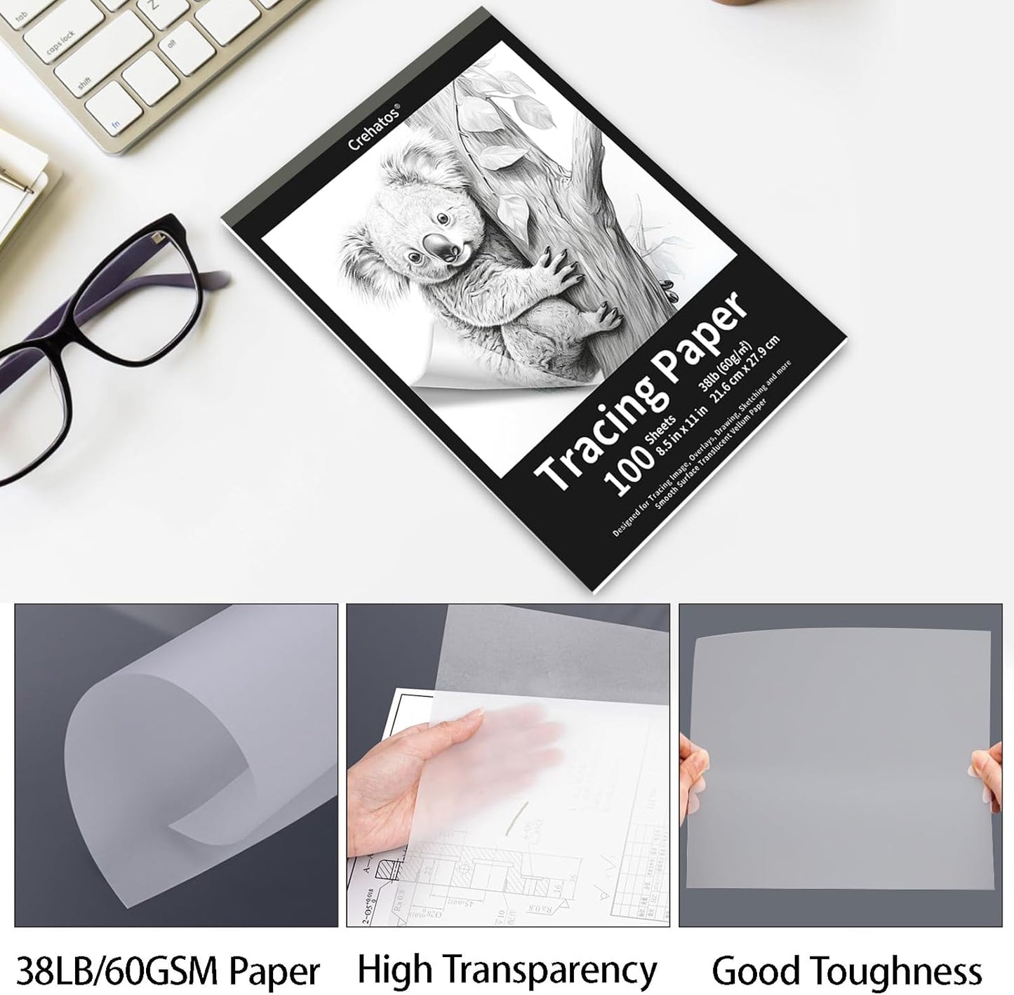 Crehatos 8.5" x 11" Tracing Paper, Translucent Tracing Pad, 100 Sheets 38lb/60gsm Vellum Art Paper