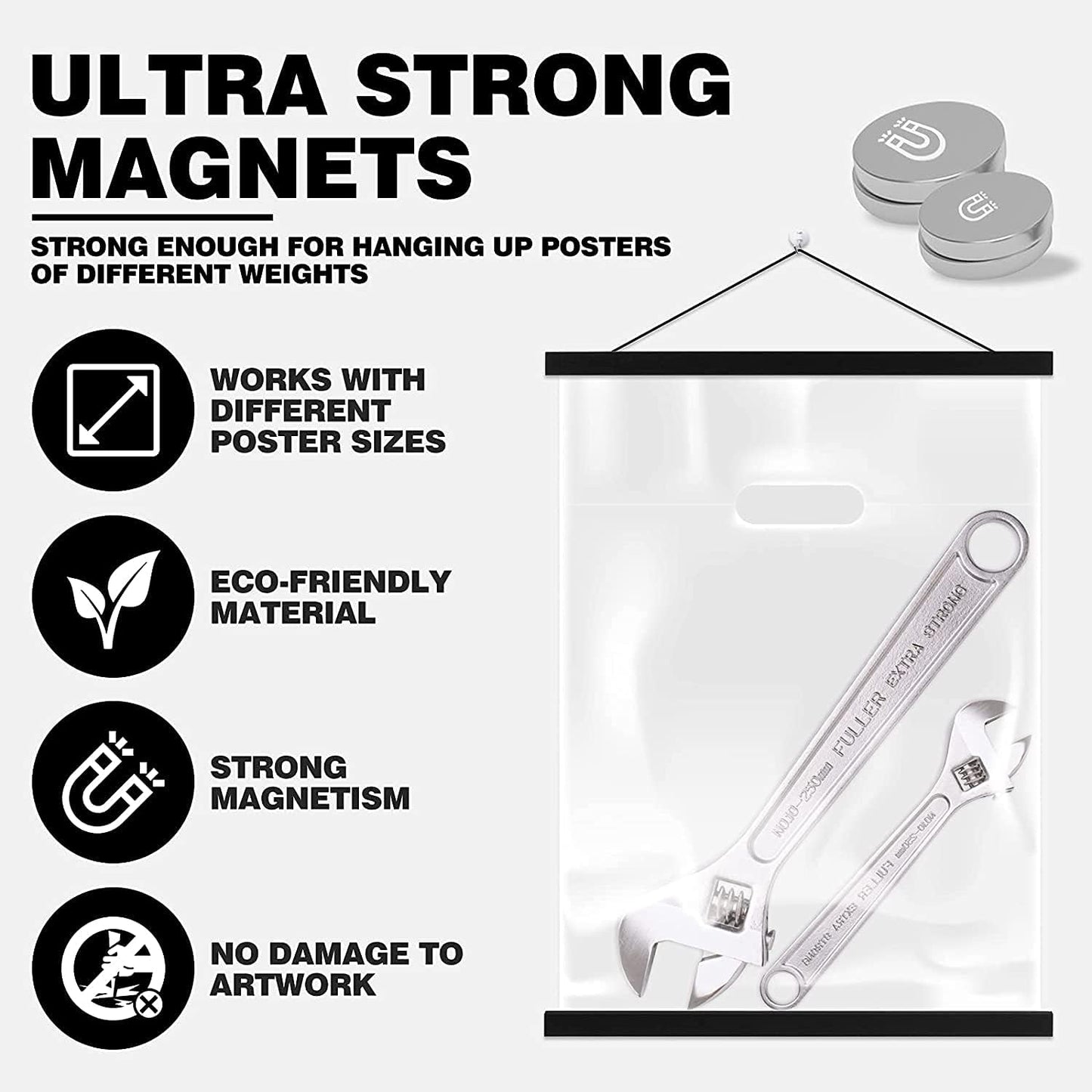 Ywlake Magnetic Poster Hanger, Poster Frame Wood Wooden Magnet Print Posters Dowel Scroll Hanger Hangers Hanging Kit for Walls Map Canvas Artwork (Black, 55"/140cm)