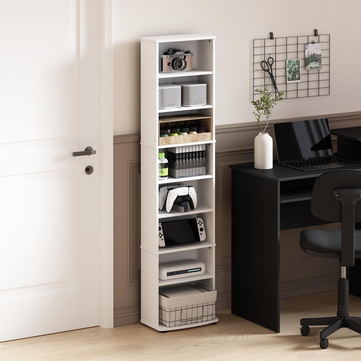 Adjustable Shelves Multimedia Storage Tower Rack with Spacious Media Organization, Durable Design, Versatile Rack for DVDs, CDs, Games, and More White/8 Tier