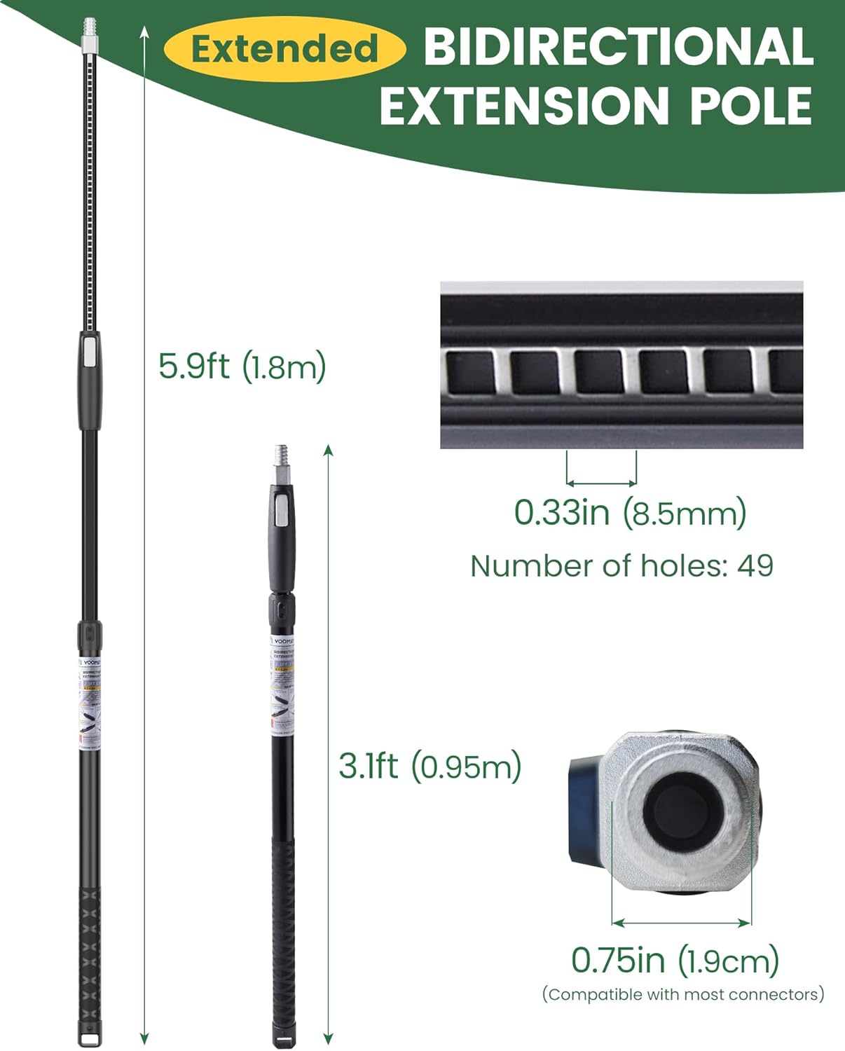 VOOMEY 3-5.9 ft (0.95-1.8m) Dual Extending 50 Point Adjustable Extension Pole for Paint Roller Frames | Heavy-Duty Telescopic Extension Pole | Multi-Purpose Tool for Dusting, Painting & Mores