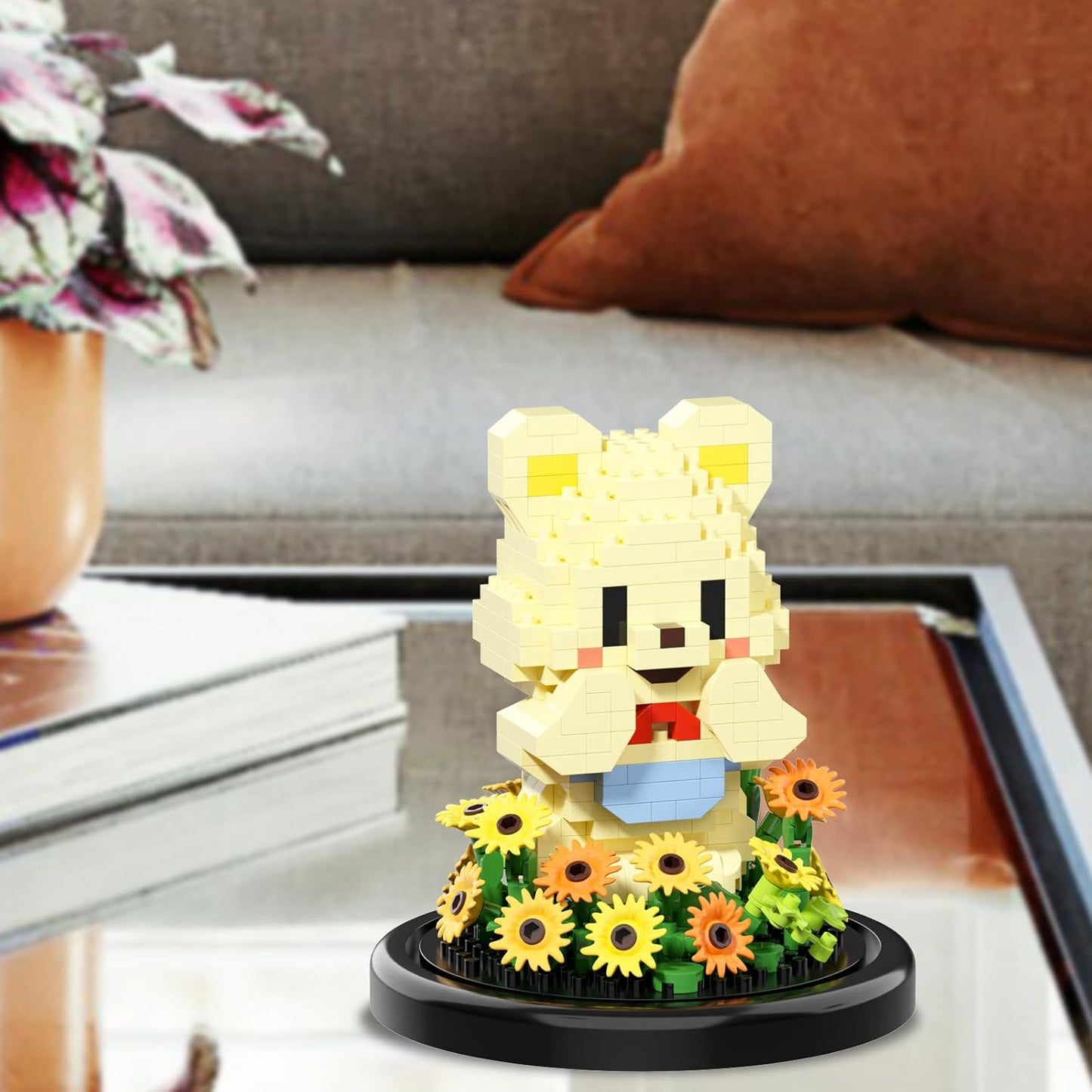 Artificial Flower Animal Toy Building Set for Adults,Mini Bear Plant Bonsai Tree,Botanical Collection Gift for Kids,Office Home Decor Building Block,Birthday Gift for Girls Women Mom(Sunflower)