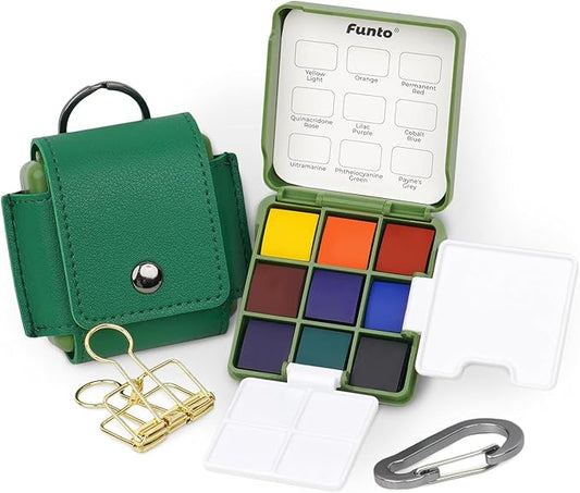 Funto Mini Watercolor Travel Set, Travel Artist Outdoor Sketch Kits with 2 Foldable Palettes, Portable Leather Case and Metal Clip, Kit for Art Lovers