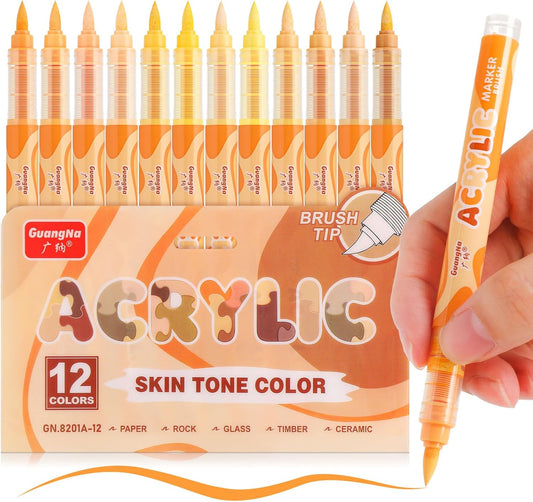 Guangna Acrylic Paint Markers 12 Colors, Skin Tone Series Set with Soft Brush Tip Water Based, Fine Tip Markers for Wood, Canvas, Rock Painting, Glass, Diy Crafts, Fabric Paint