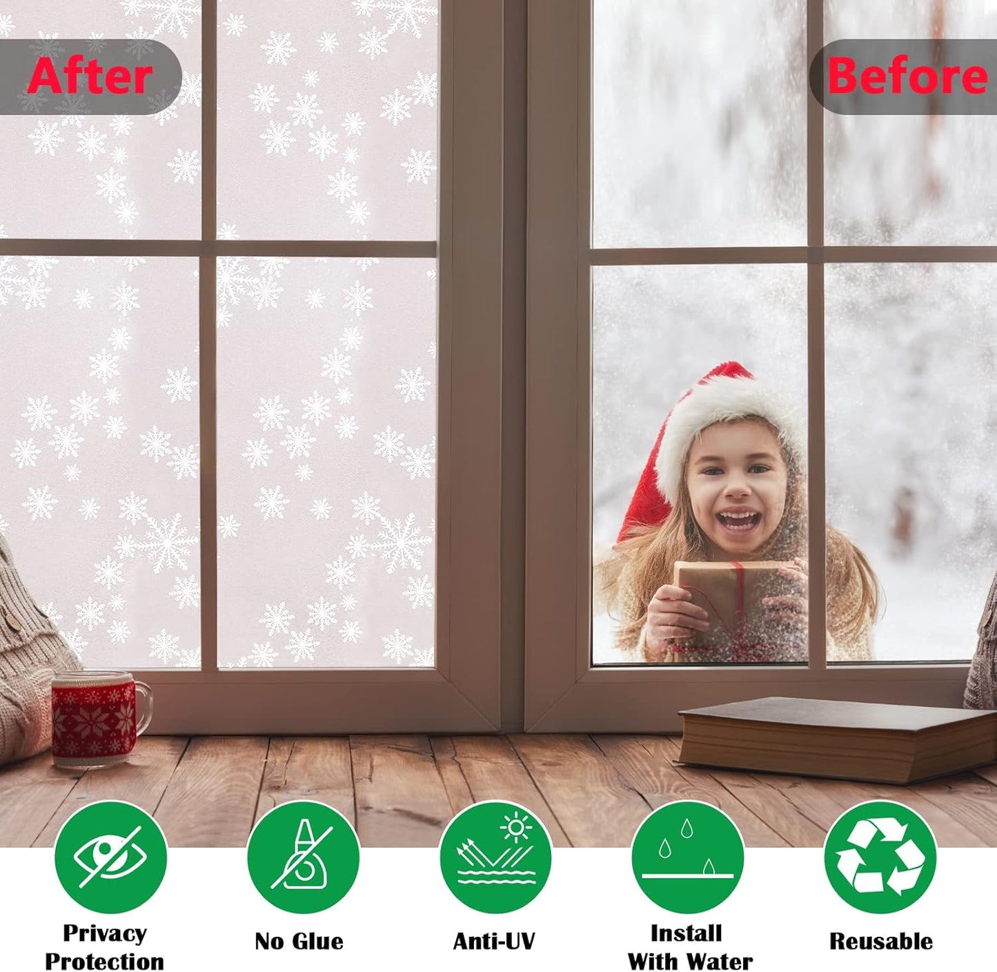 Niviy Privacy Window Film Christmas Decorations Snowflakes Window Clings Decals Stickers Non Adhesive Frosted Glass Film Heat Control 17.7” x 157”