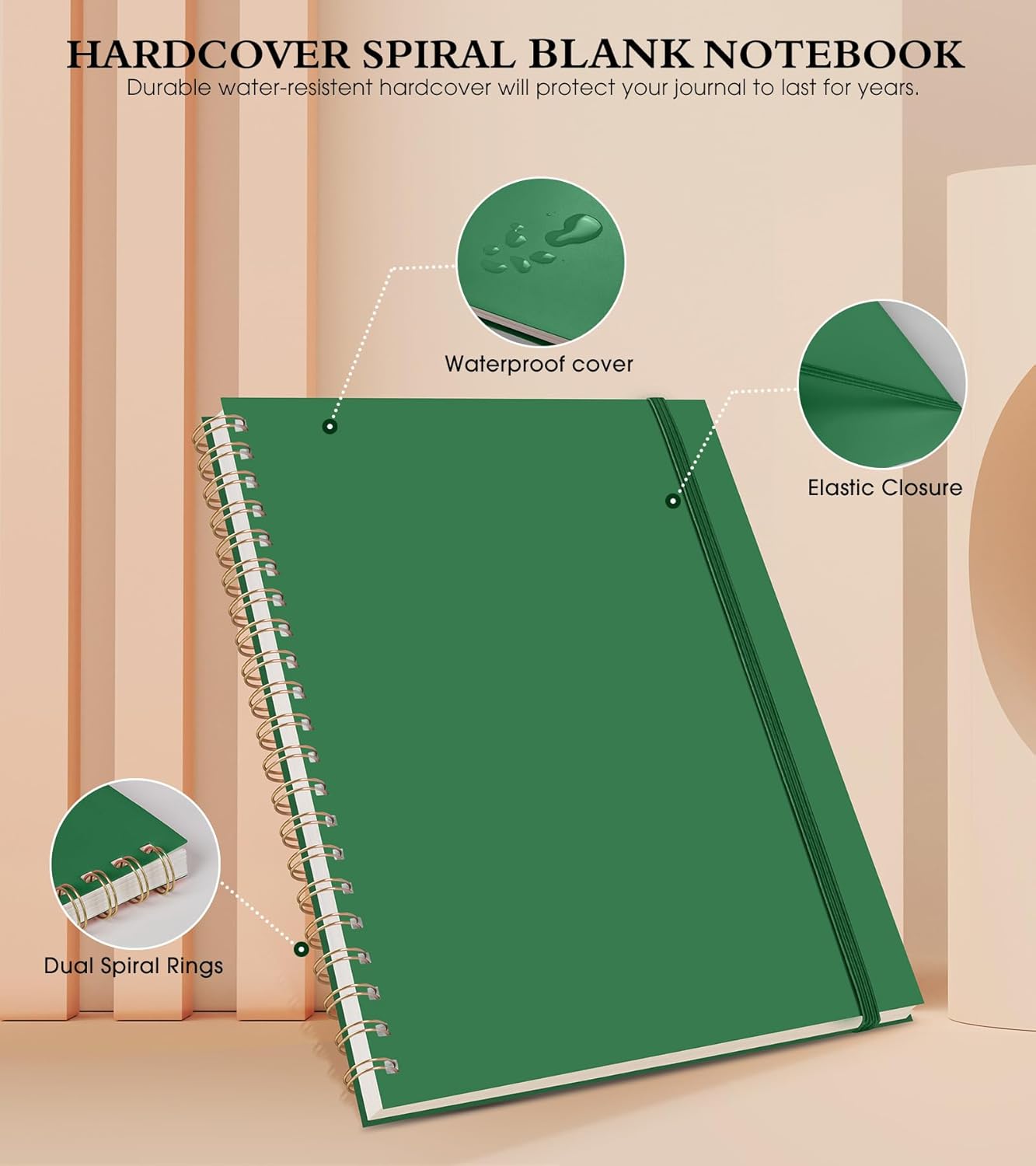 Blank Spiral Notebook Journal 8.5” x 11”, A4 Large Sketch Book for Women Men, 100 GSM Blank Paper Drawing Notebook, Plastic Hardcover Spiral Bound Sketchbook for Sketching Work School Writing, Green