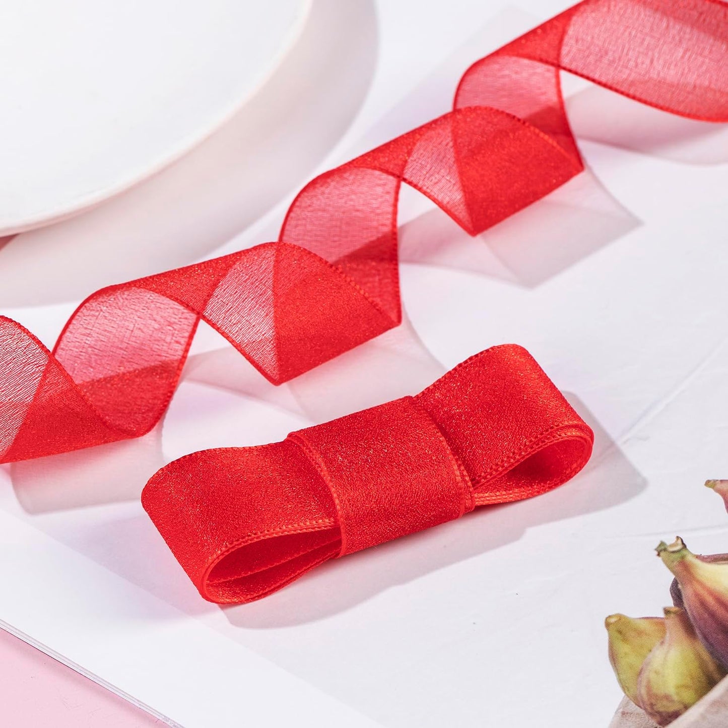 1 Inch Wide Sheer Chiffon Ribbon - Pearl Silk Woven Ribbon Suitable for Gift Wrapping, Wedding Decor, Home Decor, Girl Hair Accessories Handmade DIY (25 Yards/roll) (Red)