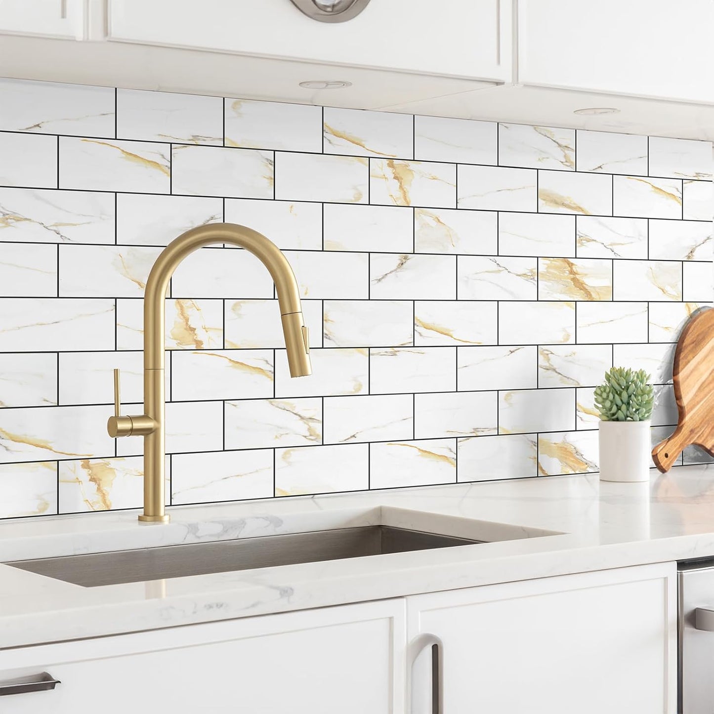 4 Pieces Peel and Stick Backsplash for Kitchen, 3" x 6" PVC Subway Tile Upgraded Calacatta Gold with Dark Gray Grout Backsplash Stick on Tile Elevate Kitchen, Bathroom, Fireplace,RV