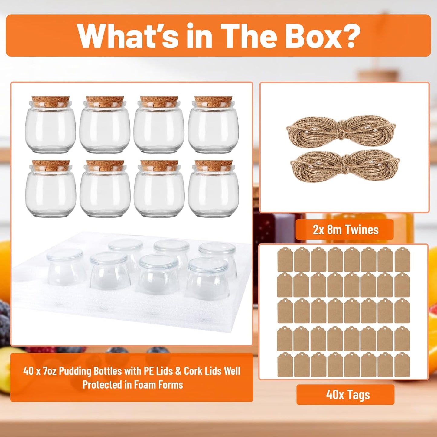 7oz Glass Jars with Cork & PE Lids 40Pack, Small Glass Pudding Jar for Wedding Favors, Milk, Jams and DIY Gift, Yogurt Jars with Tags and Twine Included