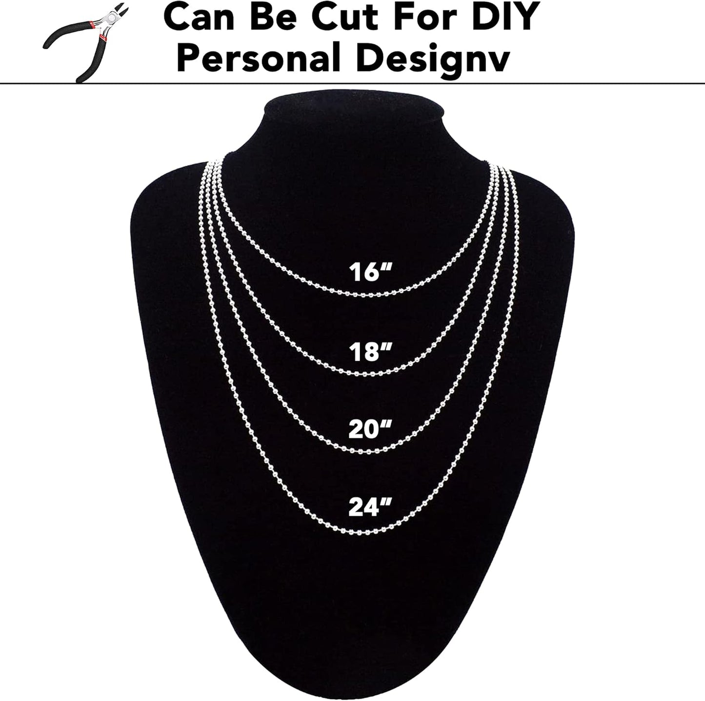 Jishi 33ft Ball Chain 2.4mm Silver Stainless Steel Bead Link Chain Roll for Beaded Dog Tag Necklace, Mens Military Jewelry Making Supplies, Pull Chain DIY Bracelets Keychain Craft - w/20#3 Connectors