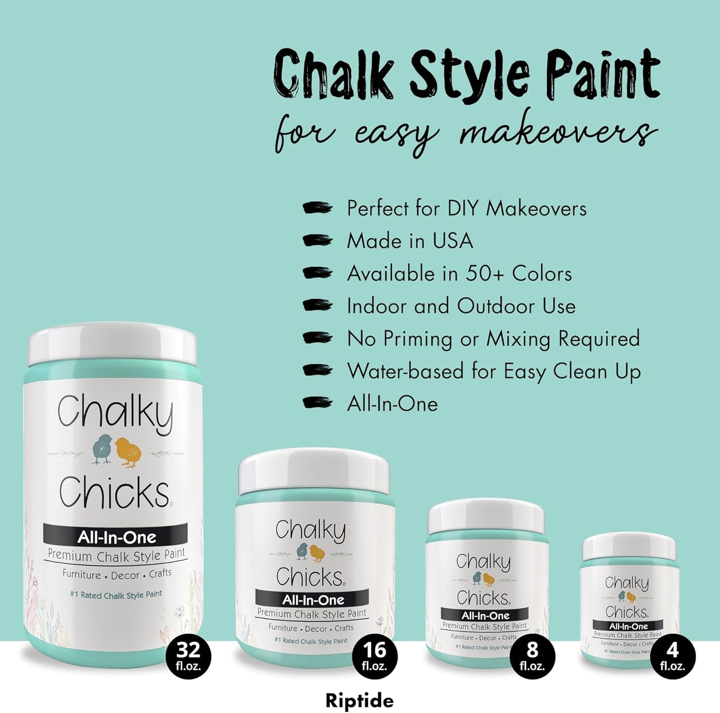 Chalky Chicks All-in-One Chalk Paint for Furniture or Cabinet - 4 Fl Oz - Matte Finish Riptide (Green Blue) for Metal, Wood Furniture Paint - No Sanding All-in-One for Home Decor & Crafts, USA Made