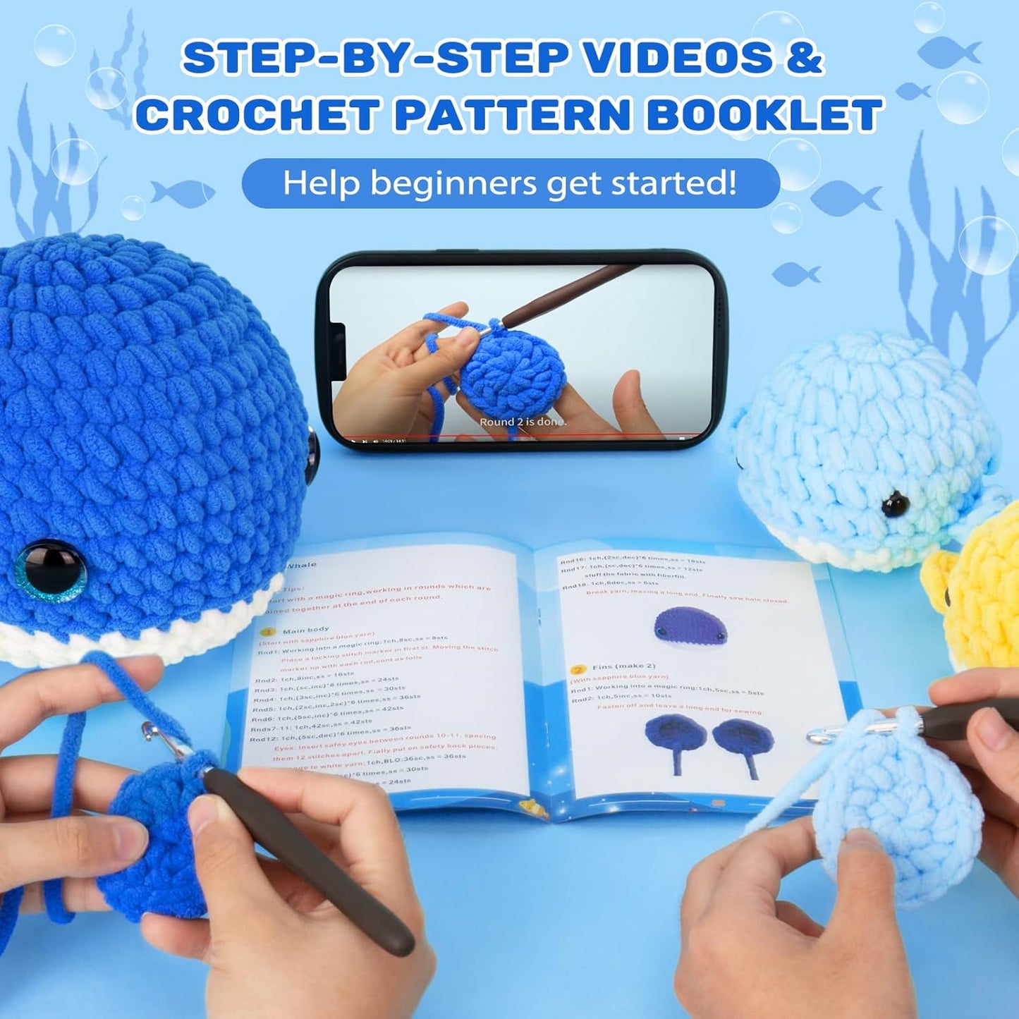 Crochet Kit for Beginner, Upgraded Easy Yarn Crochet Starter Kit w Step-by-Step Video Tutorials, Beginner Crochet Kit for Adults & Kids, Men & Women, Complete Kit Included, 3Pack Whale Family