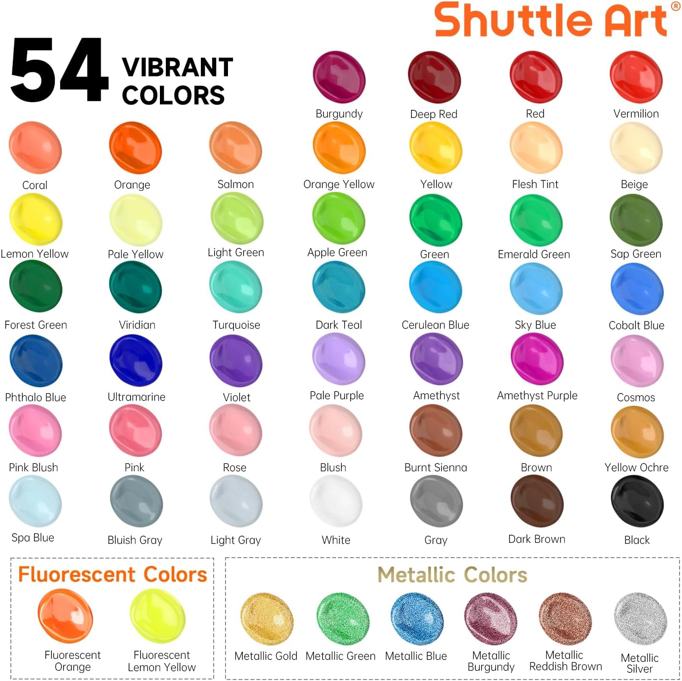 54 Colors Acrylic Paint, Shuttle Art Acrylic Paint set with 12 Paint Brushes, 2oz/60ml Bottles, Rich Pigmented, Water Proof, Premium Paints for Artists, Beginners and Kids on Canvas Rocks Wood Ceramic