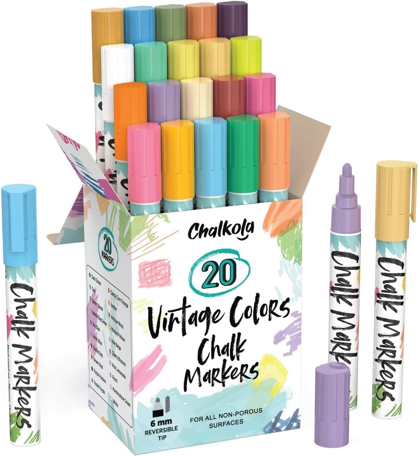 Liquid Chalk Markers for Chalkboard Erasable (20 Vintage Colors) - Bold Dry Erase Marker Chalk Pens for Blackboard, Windows, Bistro, Glass - 6mm Reversible Tip