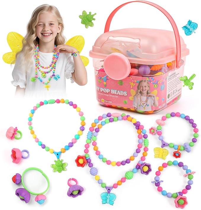 BIRANCO. Deluxe Beading Set with 350+ Pop Beads Include Butterfly, Bee, Dragonfly with Transparent Wings, and Ladybug Jewelry Making Kit for Kids Ages 3-8