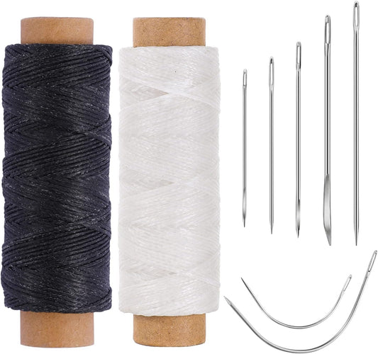 110Yards Waxed Thread with 7 Pcs Leather Needles for Hand Sewing - 150D Flat Waxed Thread - Leather Repair Needles for Upholstery, Canvas Bags, Furniture