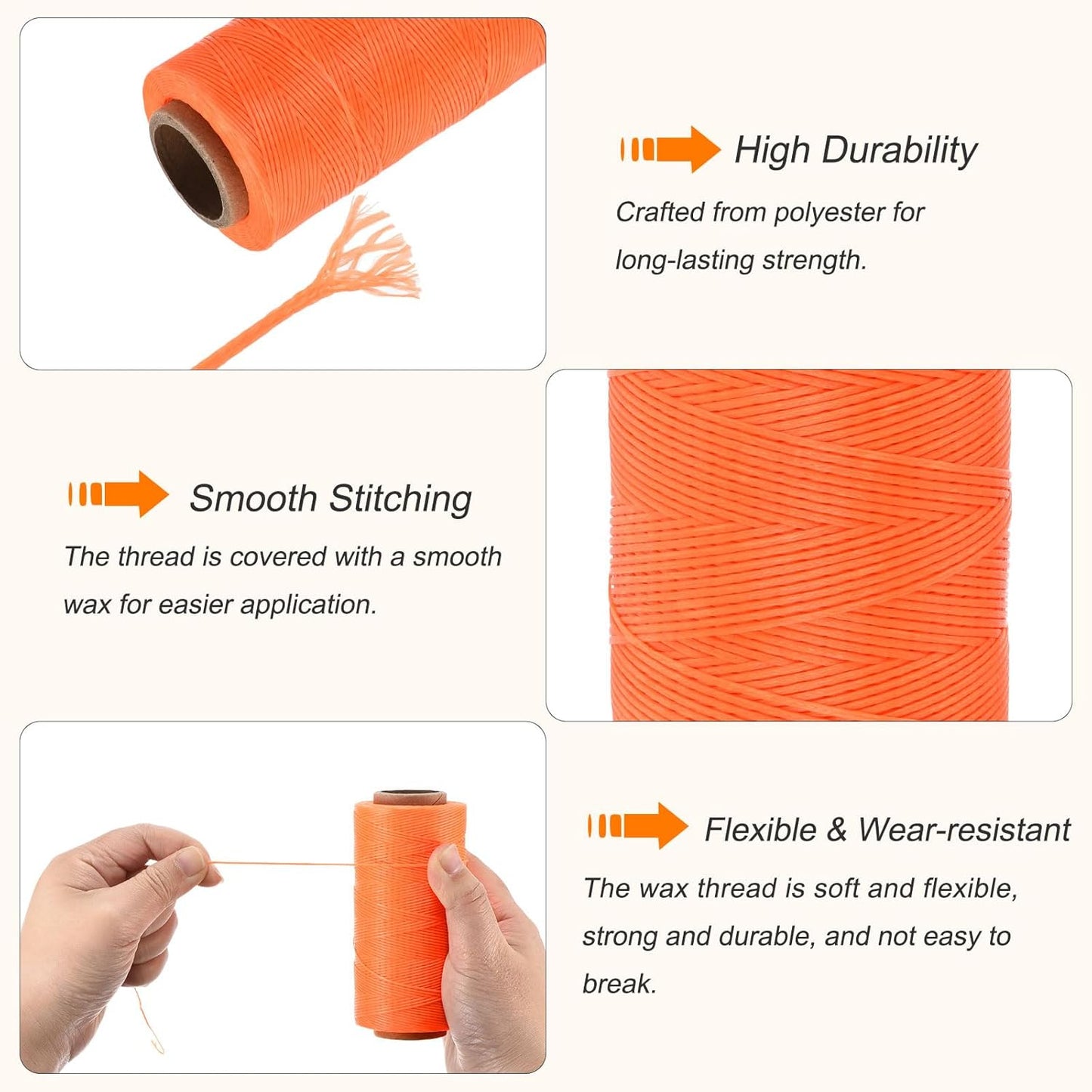 MECCANIXITY Waxed Thread,284 Yard 0.8mm 150D Flat Wax Thread Polyester Waxed String for Leather Sewing Hand Weaving Book Binding Home Decoration,Bright Orange