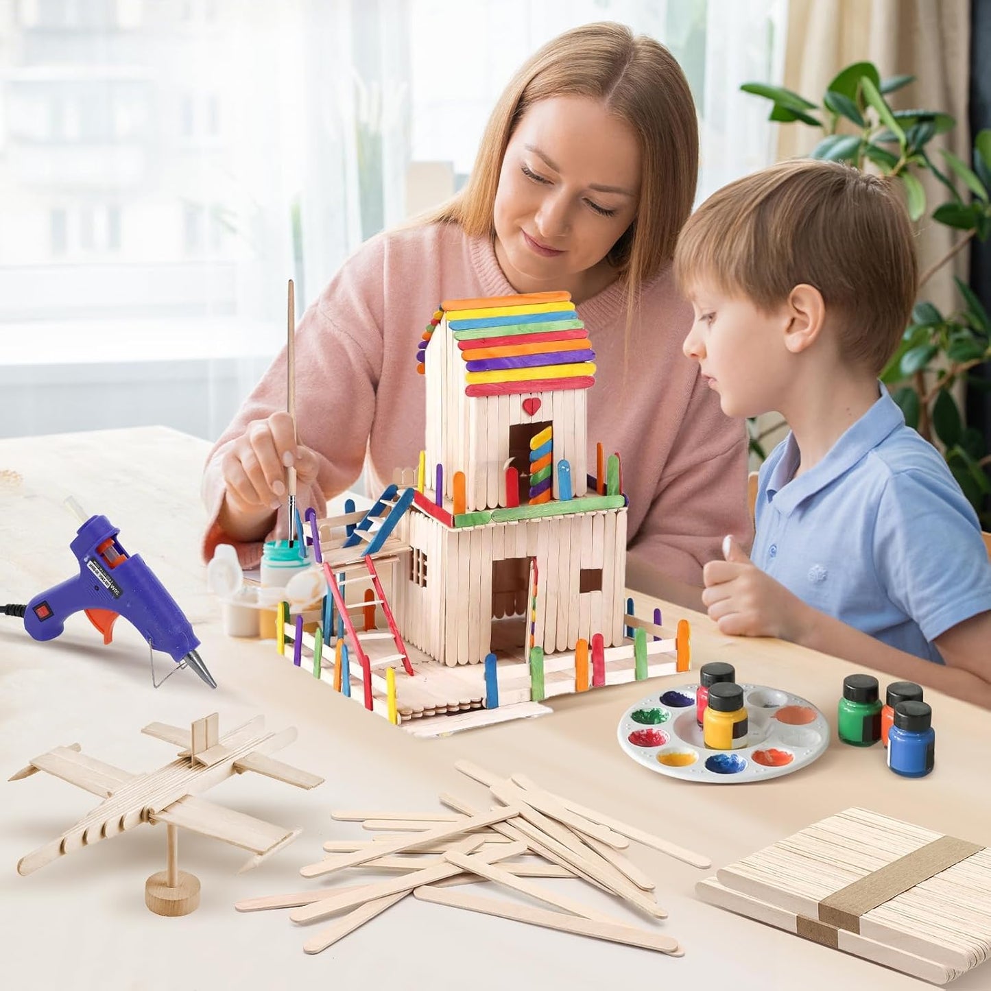 400PCS Wooden Craft Sticks Kits, 6 inch Natural Wood Popsicle Sticks with Hot Glue Gun and Sticks for Ice Pops Waxing Hair Removal and Wax Supplies Classroom DIY Craft Project Tongue Depressor